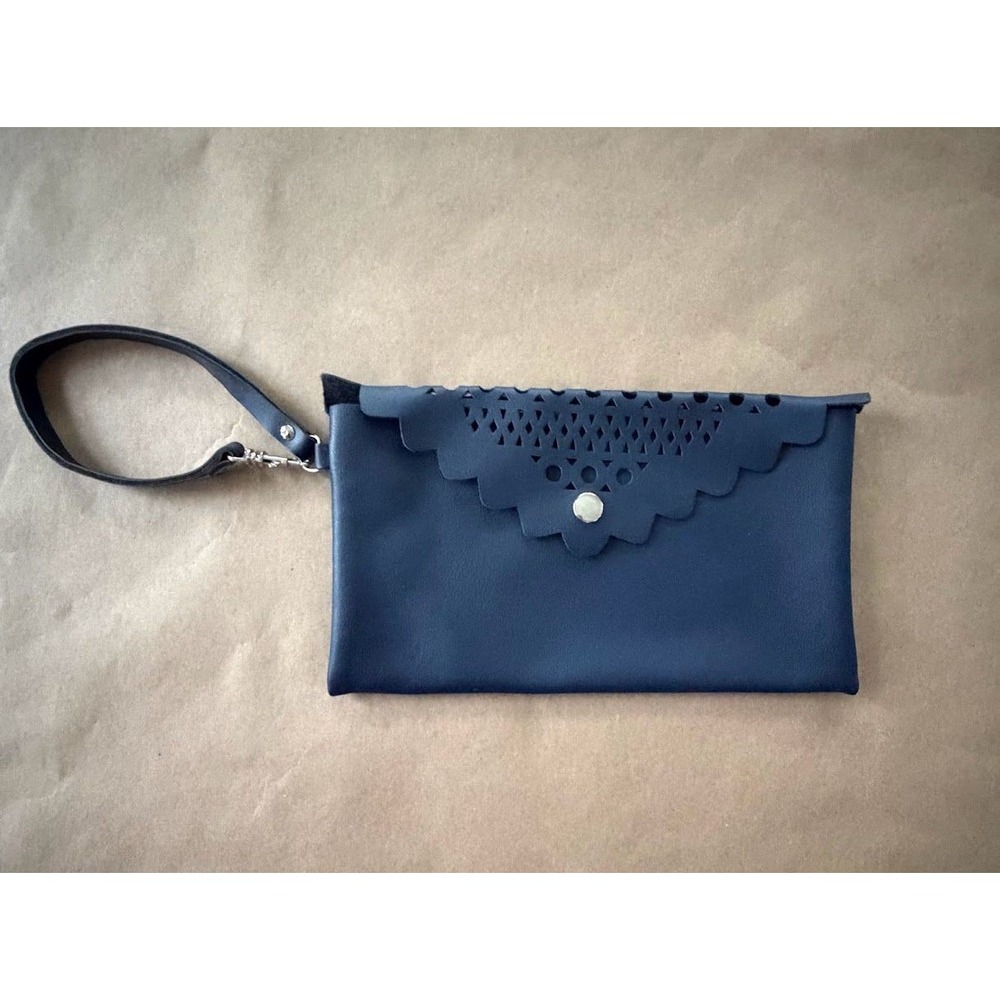 Saks Fifth Avenue Faux Leather Wristlet Blue Laser Cut Scalloped Clutch Bag OS